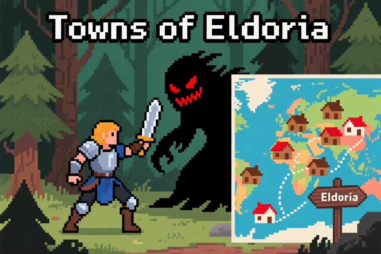 A pixelated hero battling a shadow creature in a haunted forest, on a colorful world map dotted with towns.