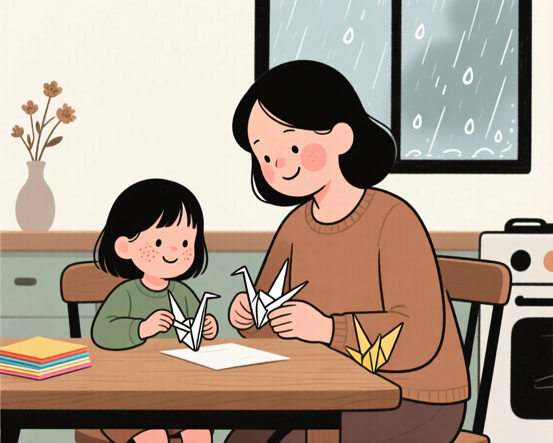A mother teaches a young girl how to fold paper cranes at the kitchen table while rain taps gently against the window, both focused and smiling.