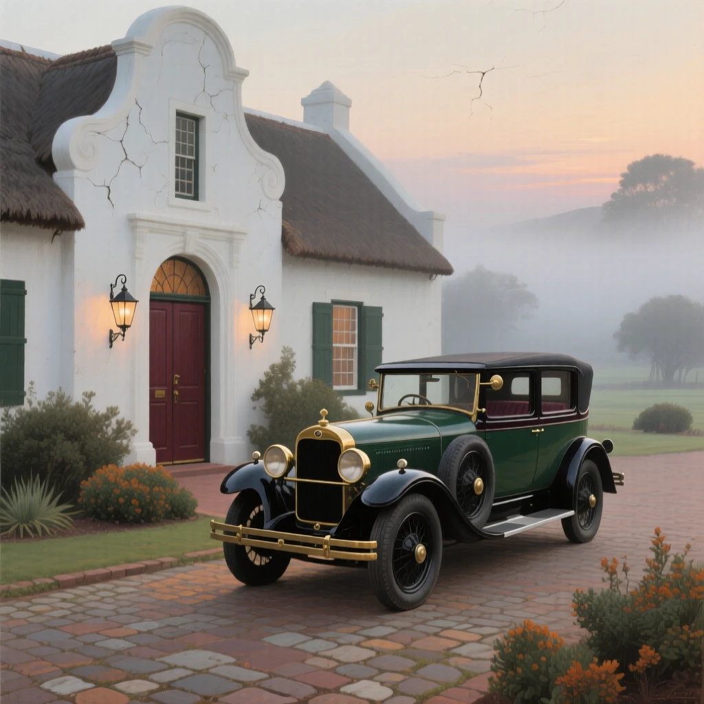 An expansive vista of a vintage automobile parked outside a grand hotel entrance, in a Cape Dutch farmstead in South Africa, in the pale light of early evening, in thick fog.