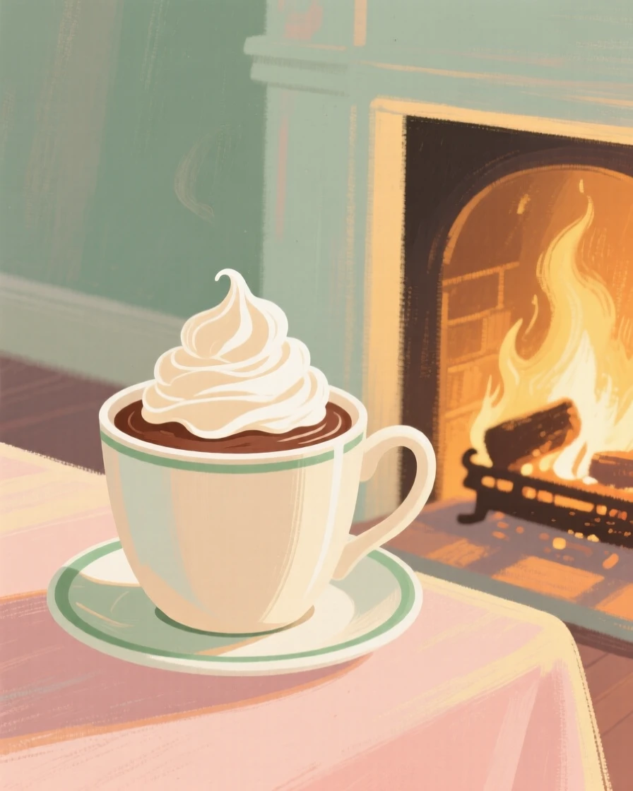 A cup of hot chocolate topped with whipped cream beside a fireplace