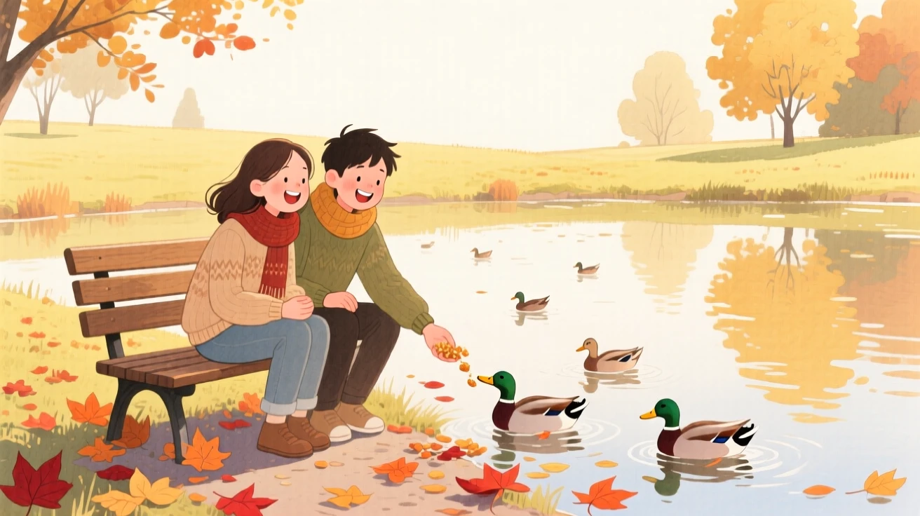 A pair of best friends feeds ducks at a quiet pond in a golden autumn park, laughter and joy filling the warm afternoon air