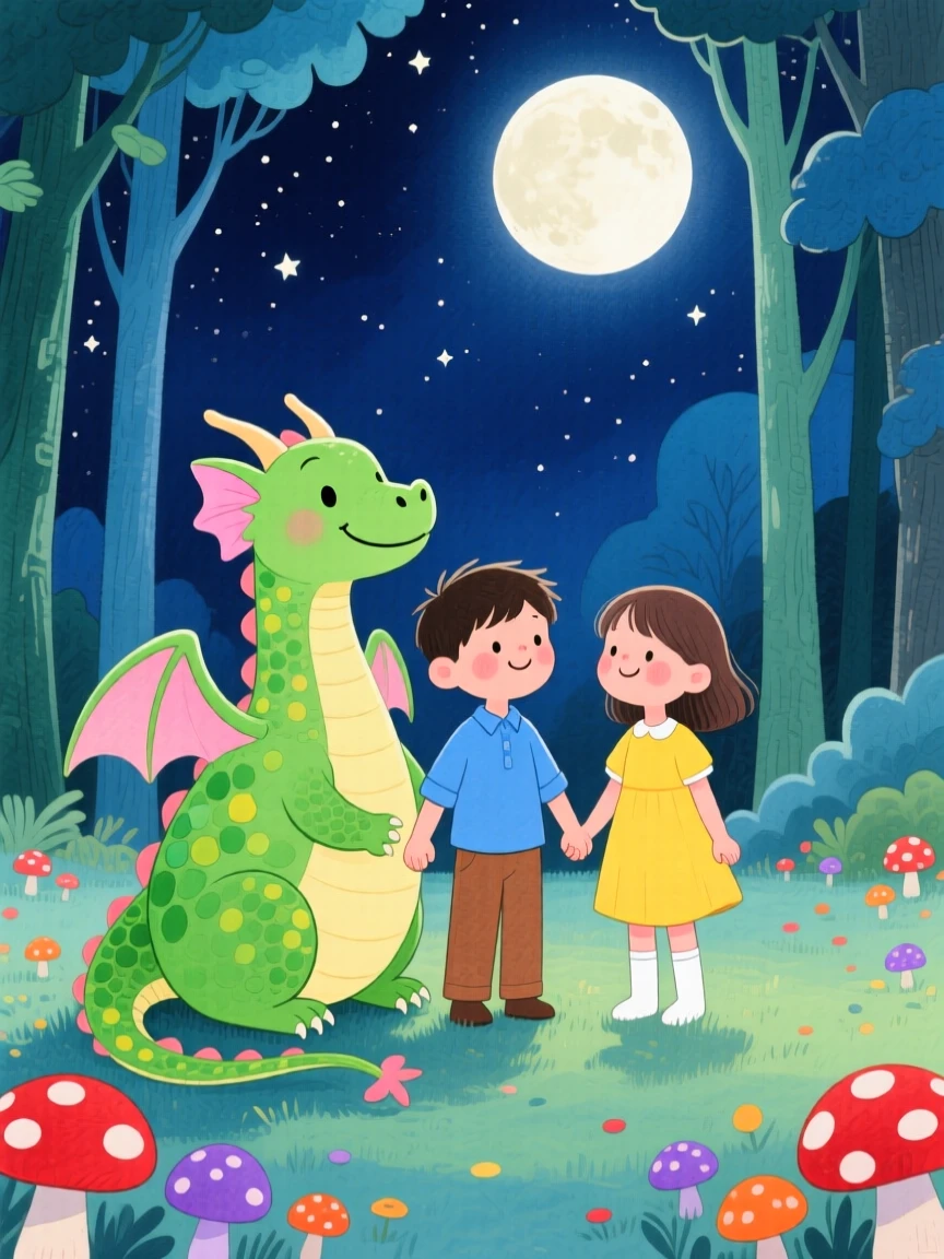 Twin siblings holding hands meeting a friendly green dragon in a moonlit clearing full of mushrooms.