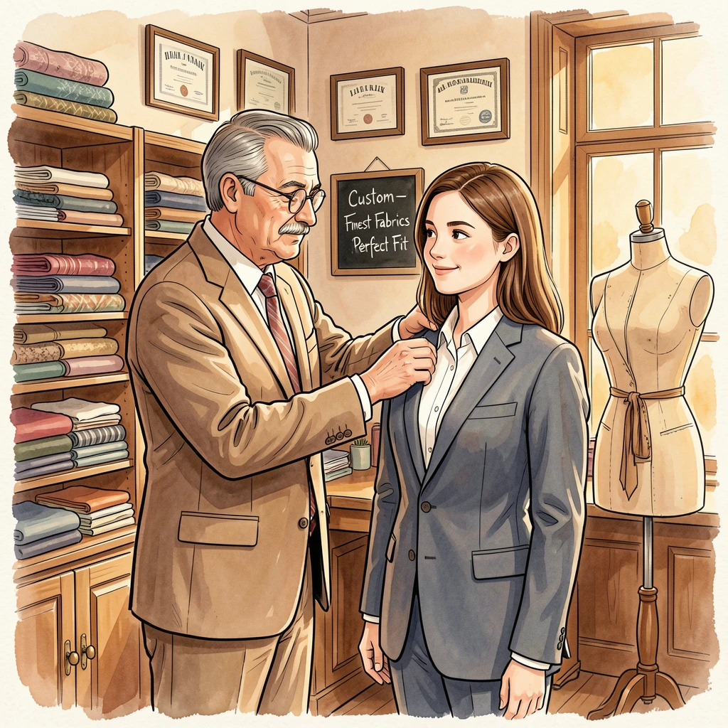 A tailor fitting a customer for a new suit in a warmly lit shop, gentle expressions capturing a fleeting, genuine moment.