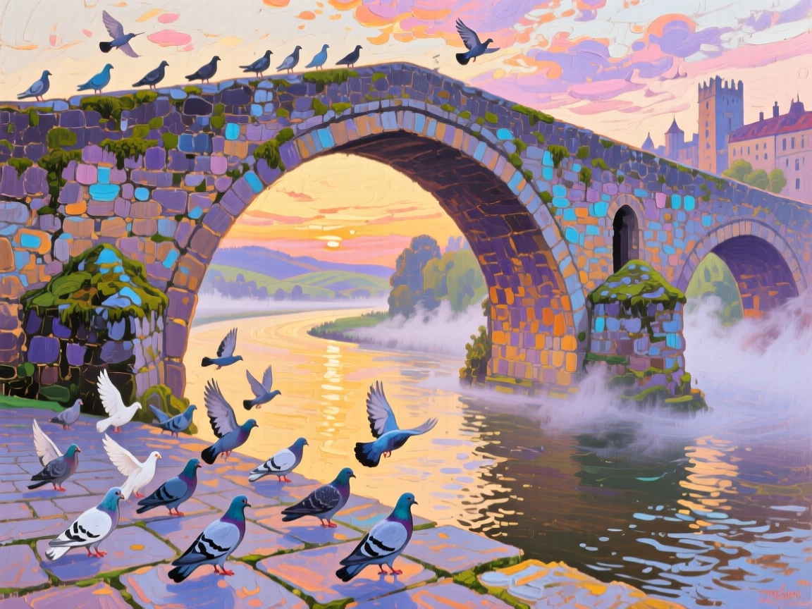 A medieval stone bridge arching over a river, overlooking a winding river far below, a flock of pigeons scattering across the plaza, at sunrise, mist clinging to its ancient stones.