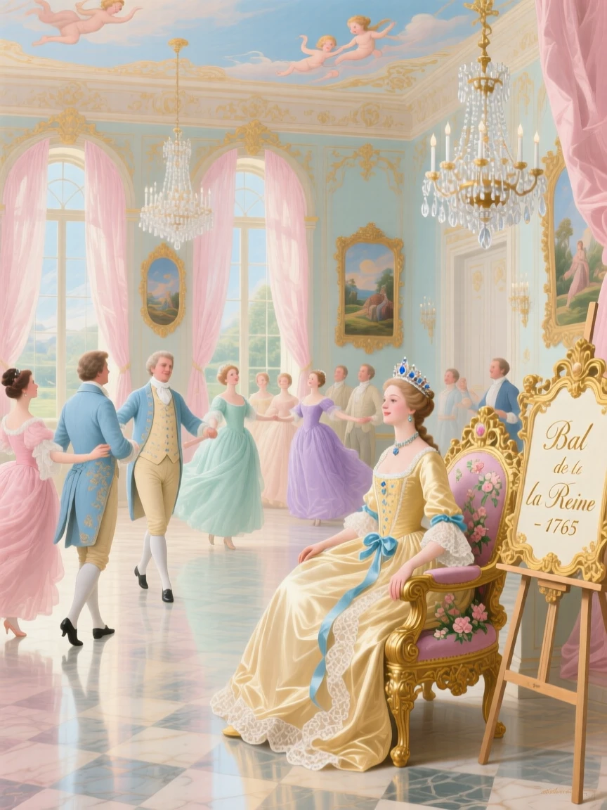 A formal ballroom with dancers forming a circle around the queen  
