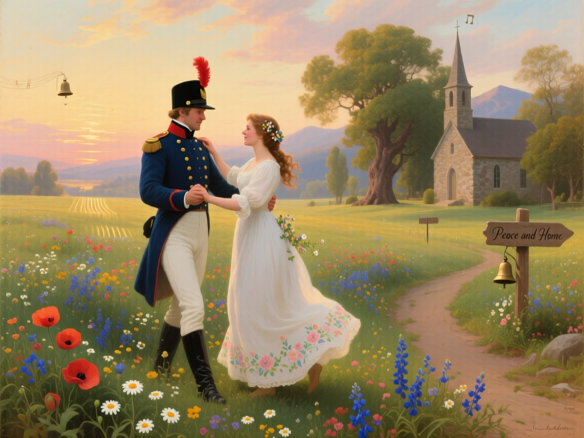 A soldier and his sweetheart dance together under a flower-filled meadow while church bells ring in the distance.