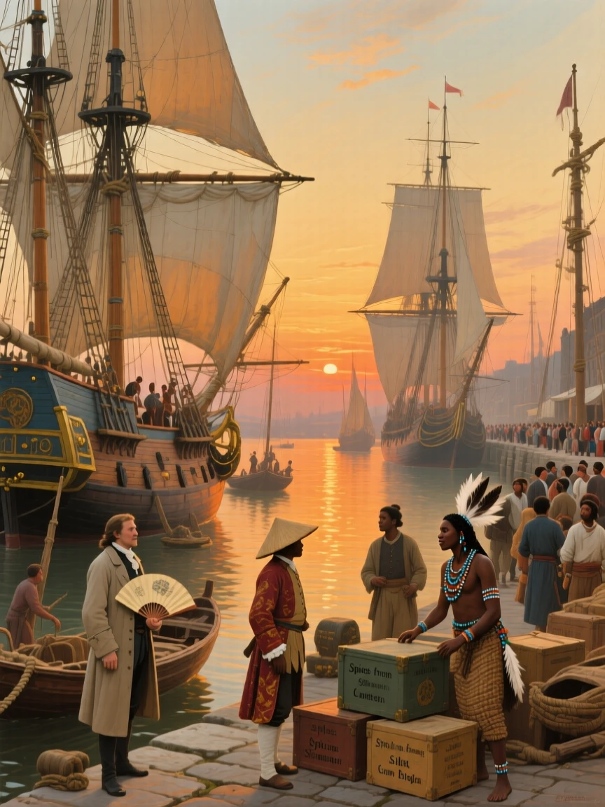 A colonial-era harbor filled with tall sailing ships at sunset, with authentic textures and materials true to the historical period, celebrating the rich diversity of world cultures and traditions