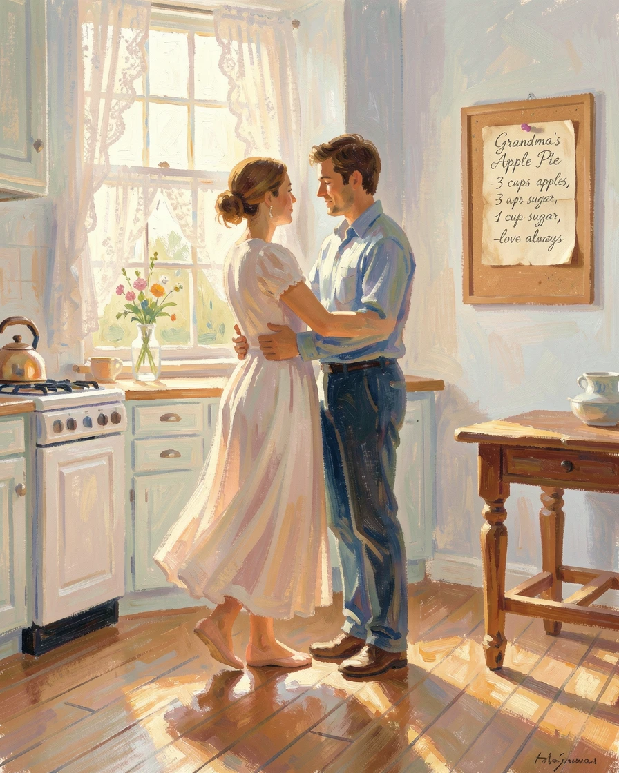 A couple sharing a slow dance in their kitchen, morning light spilling across the floor, as the first light of dawn breaks, filled with warmth and nostalgia.