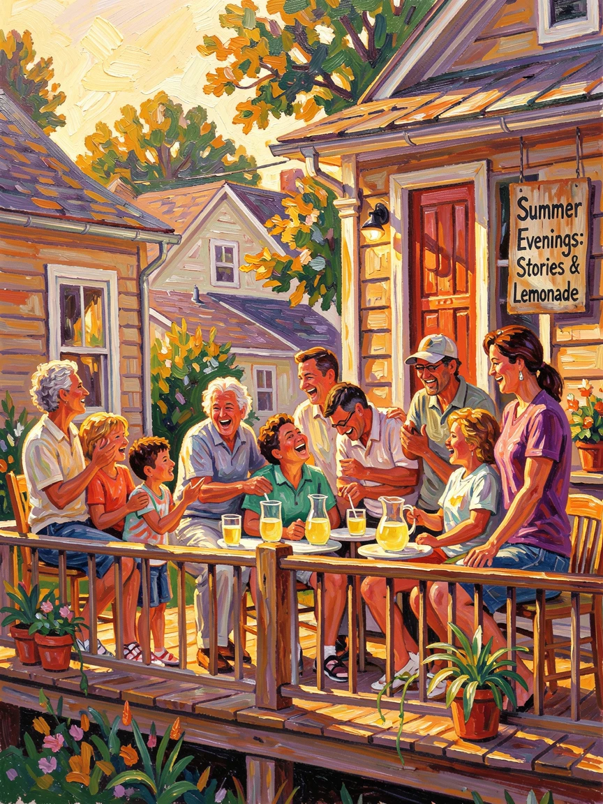 A group of neighbors gathered on porches during a summer evening, sharing stories and lemonade.