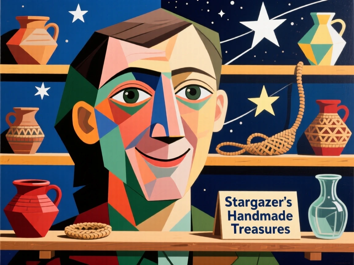 A tender close-up study of a stargazing guide smiling gently beside shelves lined with handmade wares.