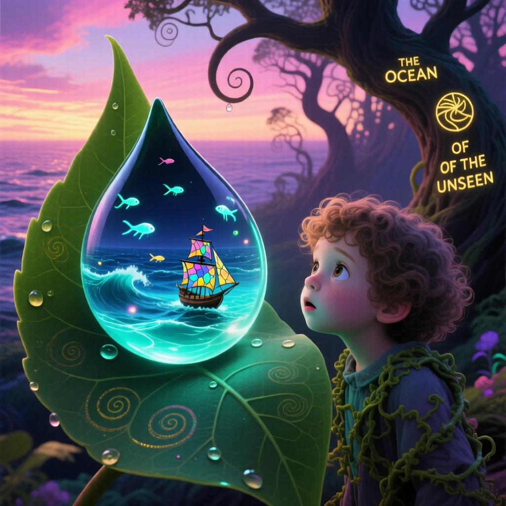 A whole ocean contained within a single dewdrop on a leaf glows faintly from within, unnoticed by the world outside, while a curious child peers closely to see inside.