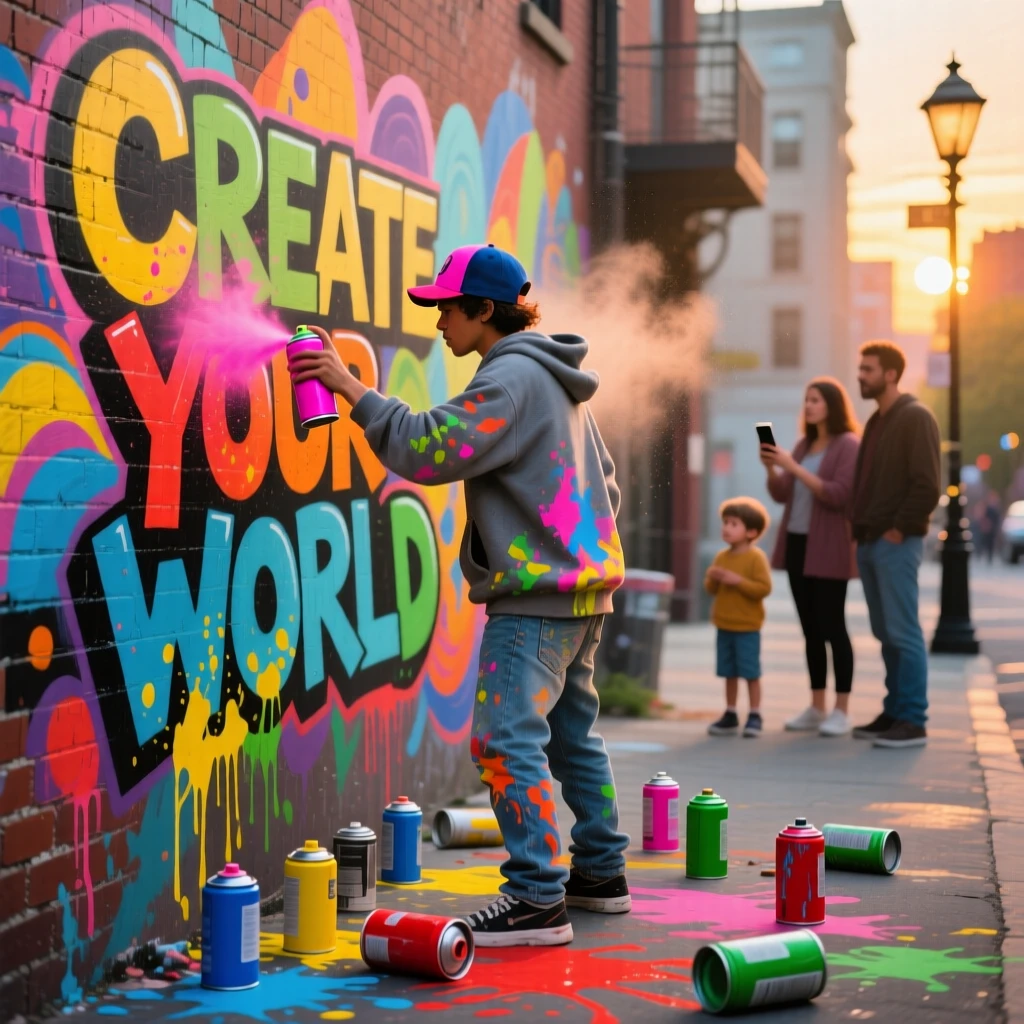 A young street artist sprays vibrant colors onto a large mural, paint cans scattered around as passersby watch the emerging design take shape, background elements kept softly out of focus to keep attention on the human moment.