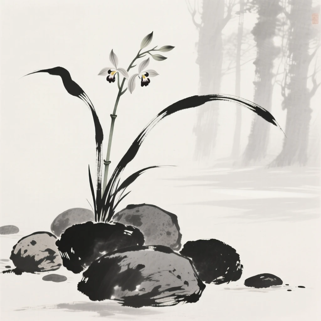 A single orchid stem rises from a cluster of smooth stones, as filtered light reaches the forest floor.