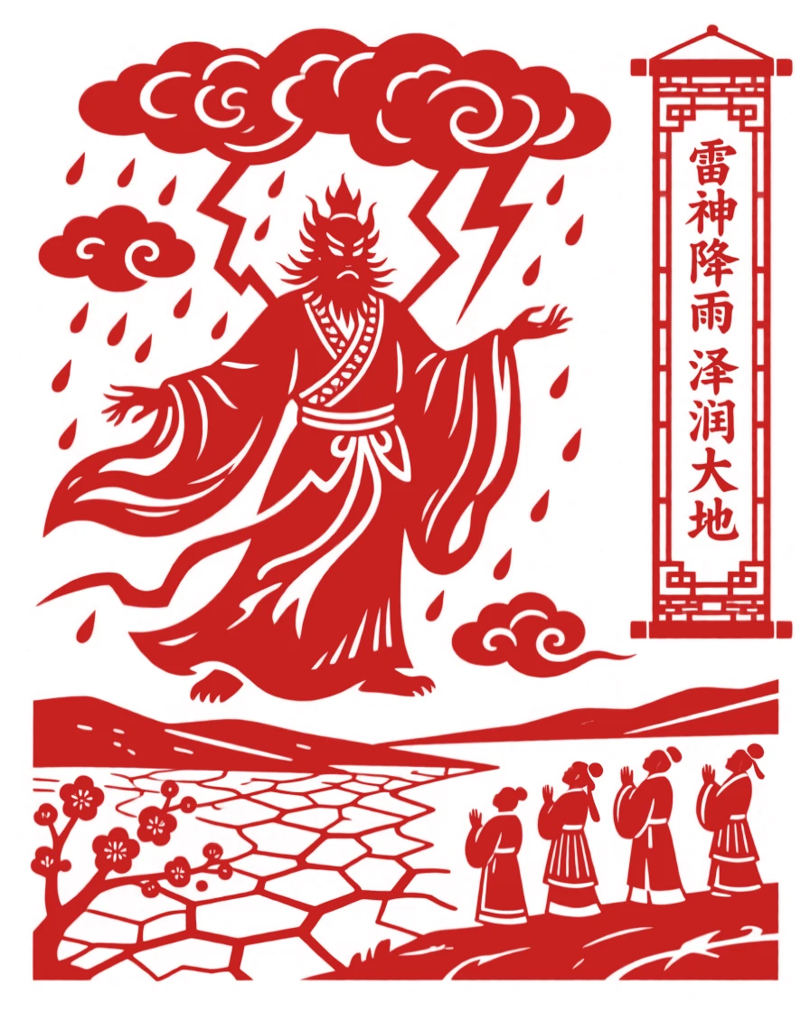 A thunder spirit, summoning rain over a parched valley, as mortal onlookers watch in awe from below.
