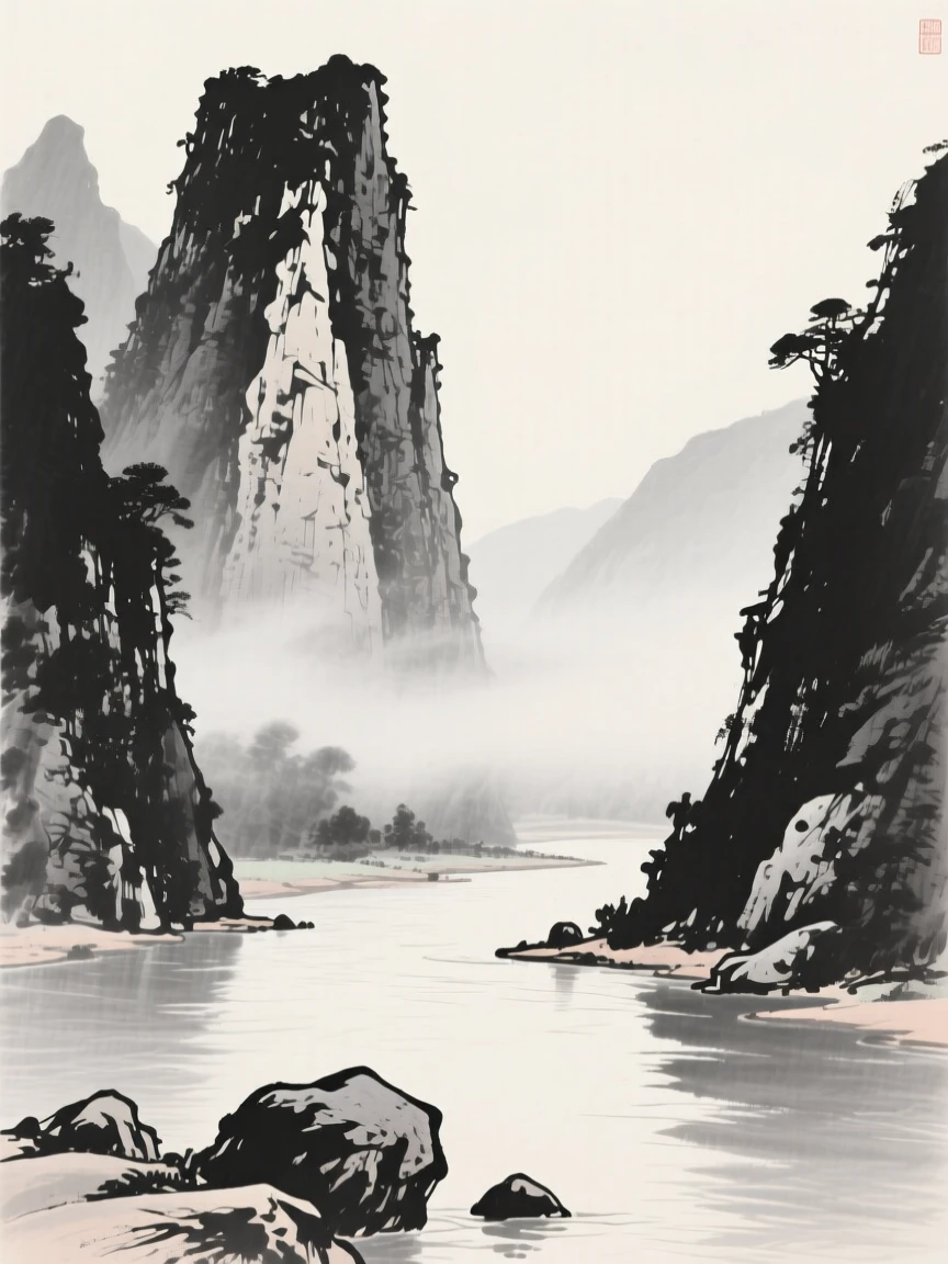 A jagged limestone karst formation rising from a river bend as thin mist rolls slowly through the lower valley, framed low, with the foreground rocks leading the eye toward the distance, evoking a deep sense of solitude and quiet grandeur.