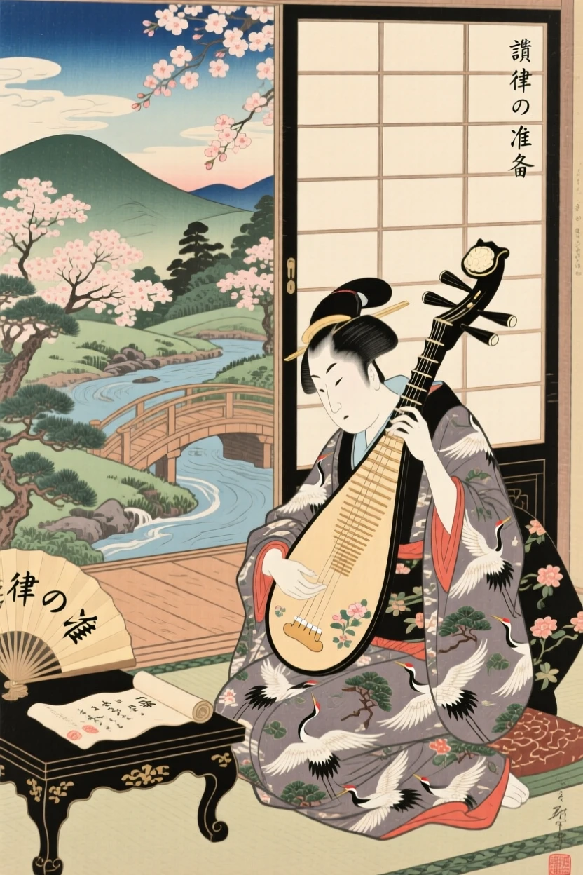 A court musician tuning an instrument before a performance.