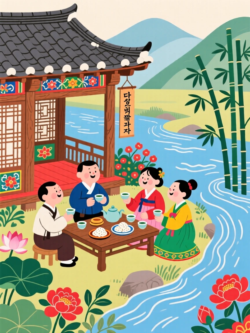 A group of friends sharing tea in a garden pavilion, beside a quiet river.