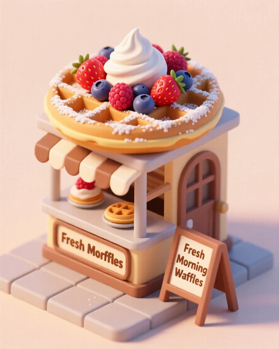 A charming waffle stand dusted with powdered sugar, fresh berries piled high, and whipped cream swirling on top in the morning light.