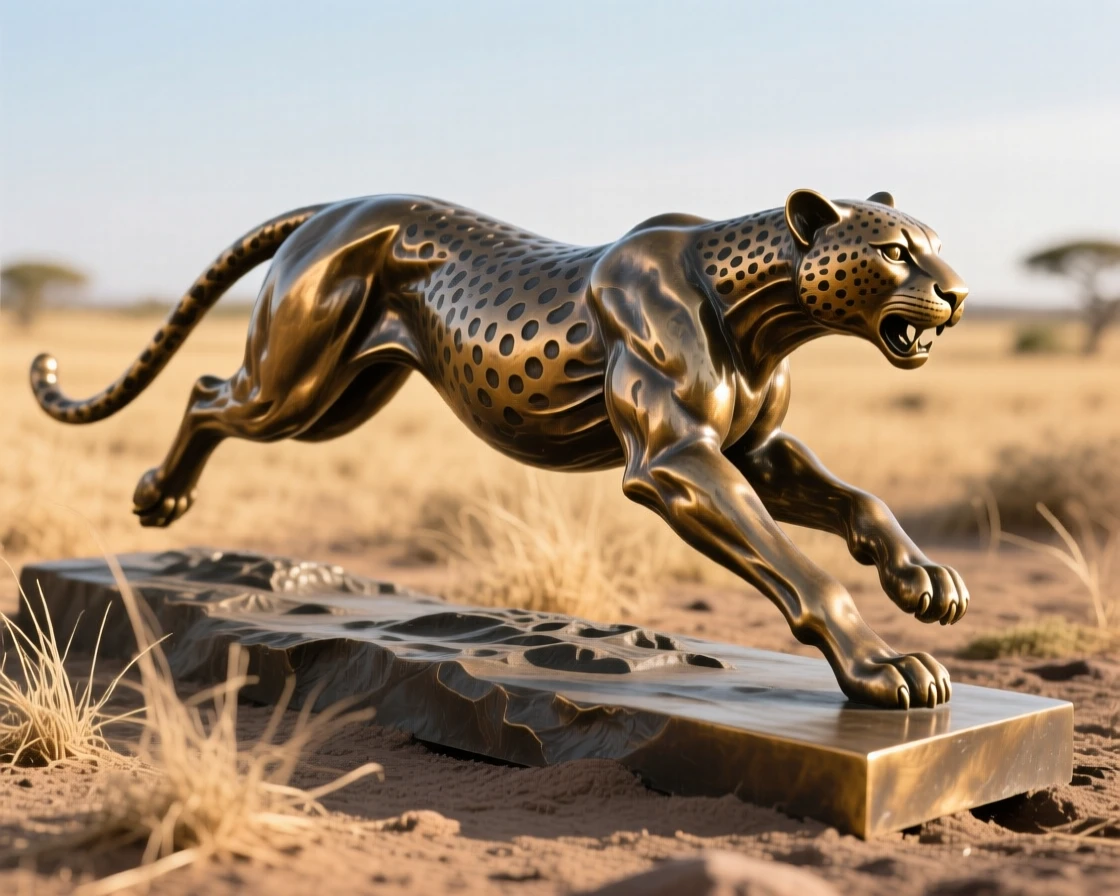 A cheetah sprinting across the savanna, bathed in warm, natural light, evoking wonder and majesty
