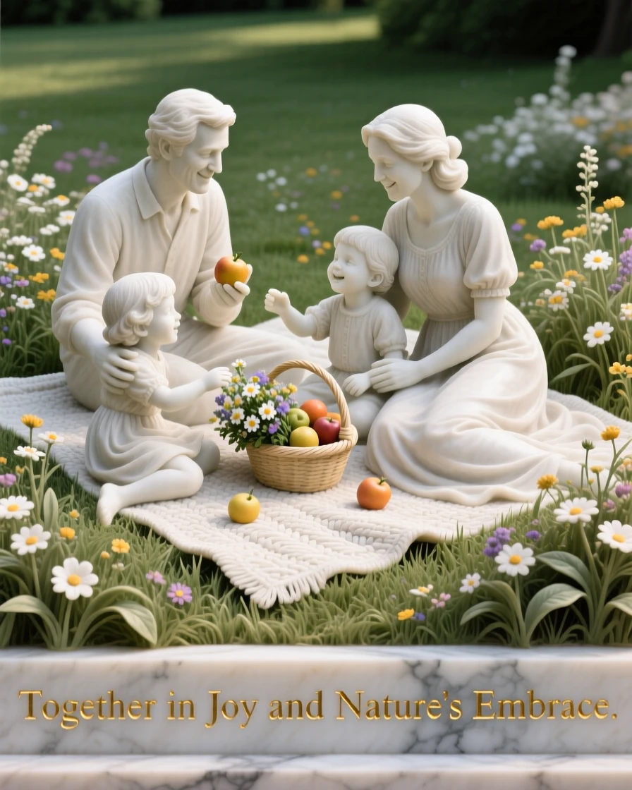 A joyful scene of a family sharing a picnic in a flower-filled meadow, capturing warmth, togetherness, and belonging