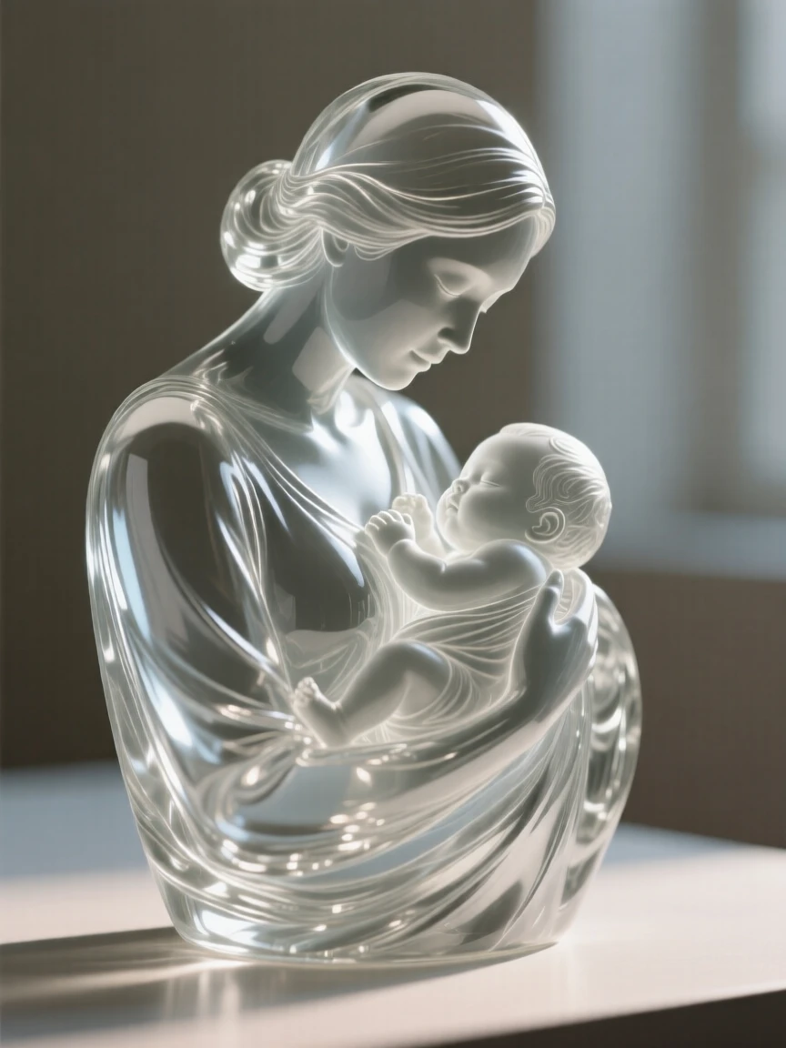 A mother cradling her newborn child set against a simple blurred background, dramatic side lighting carving out the features, mood tender and heartfelt.