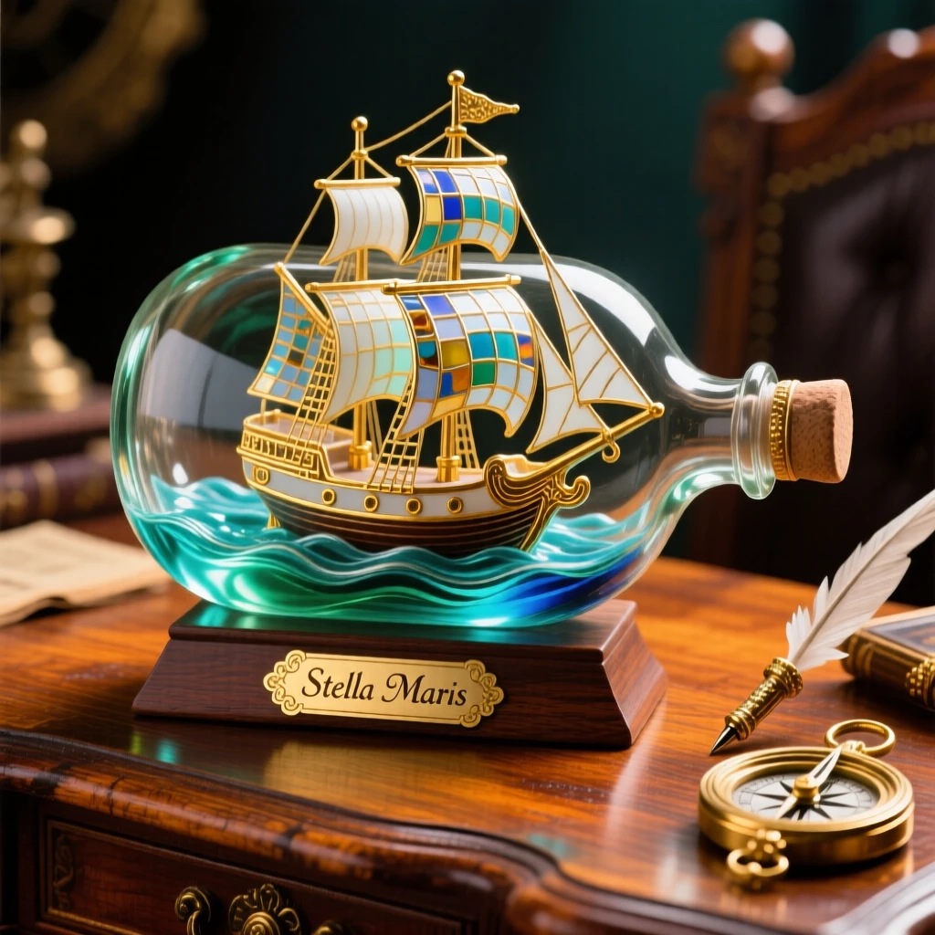 A ship in a bottle resting on a captain's old desk, charming and nostalgic.