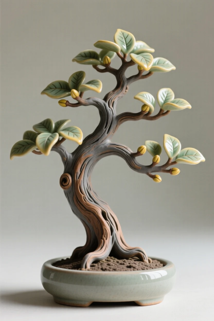 A bonsai tree shaped by patient hands unfurling slowly toward the morning light, its edges delicately curled and textured, conveying the quiet poetry of the natural world.