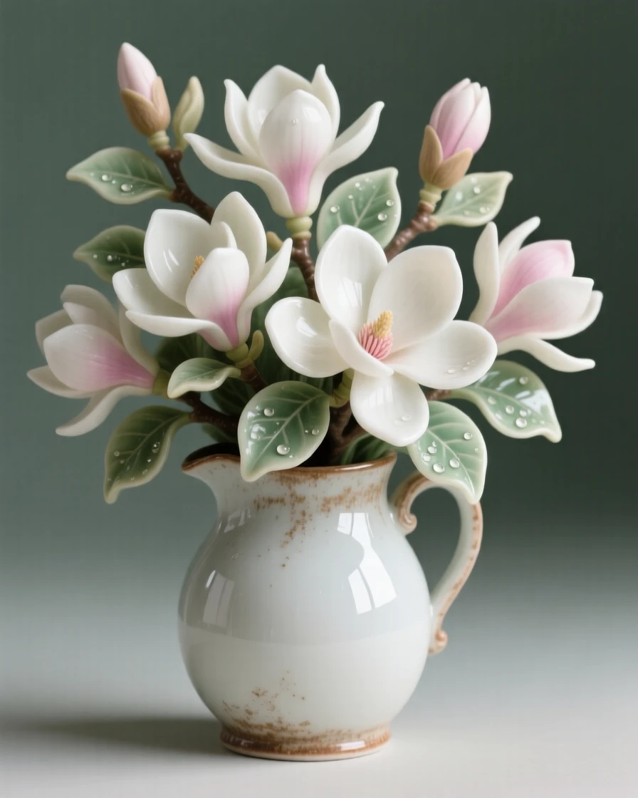 A lush arrangement of magnolias in a rustic pitcher, dew still clinging to the leaves.