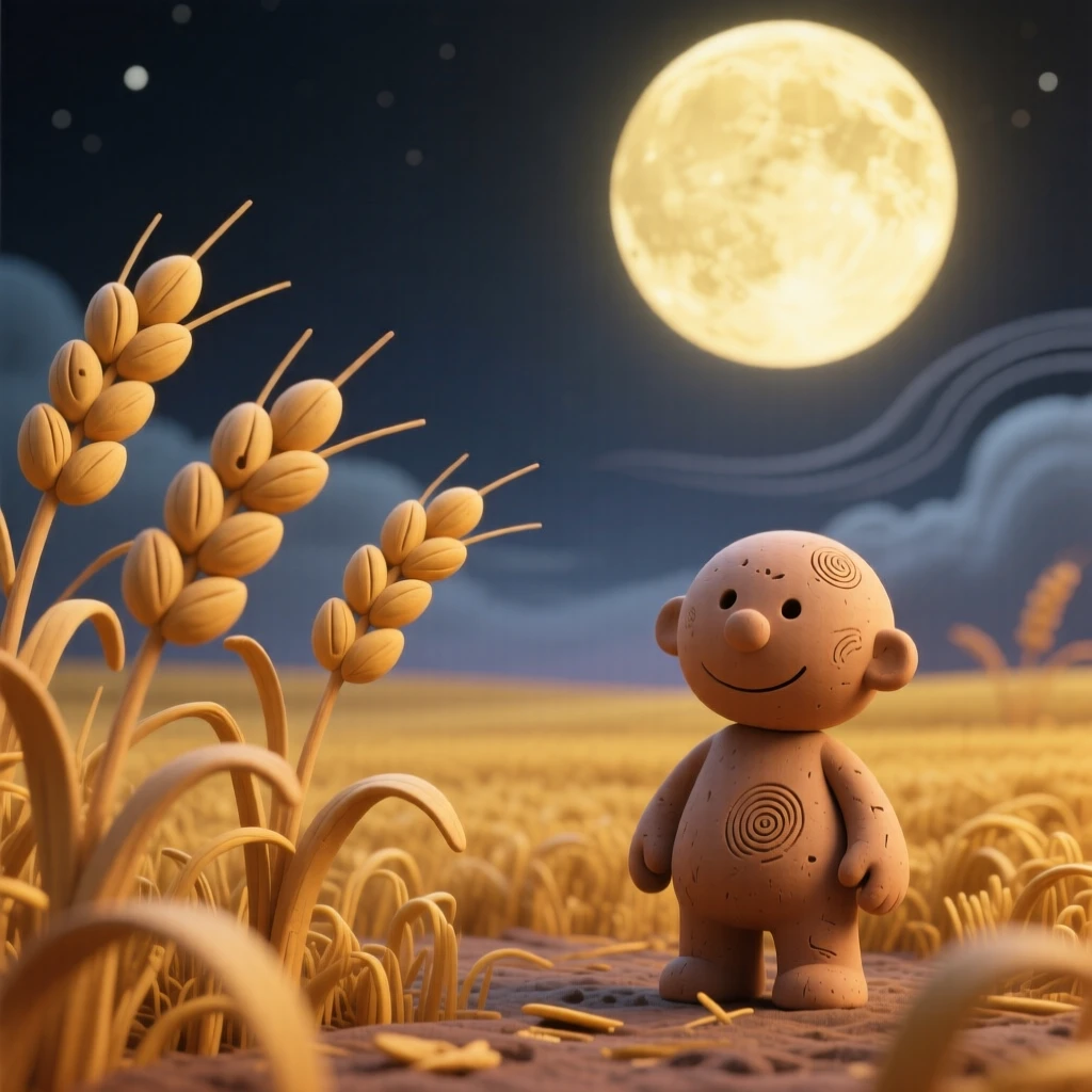 A field of golden barley swaying gently under a harvest moon