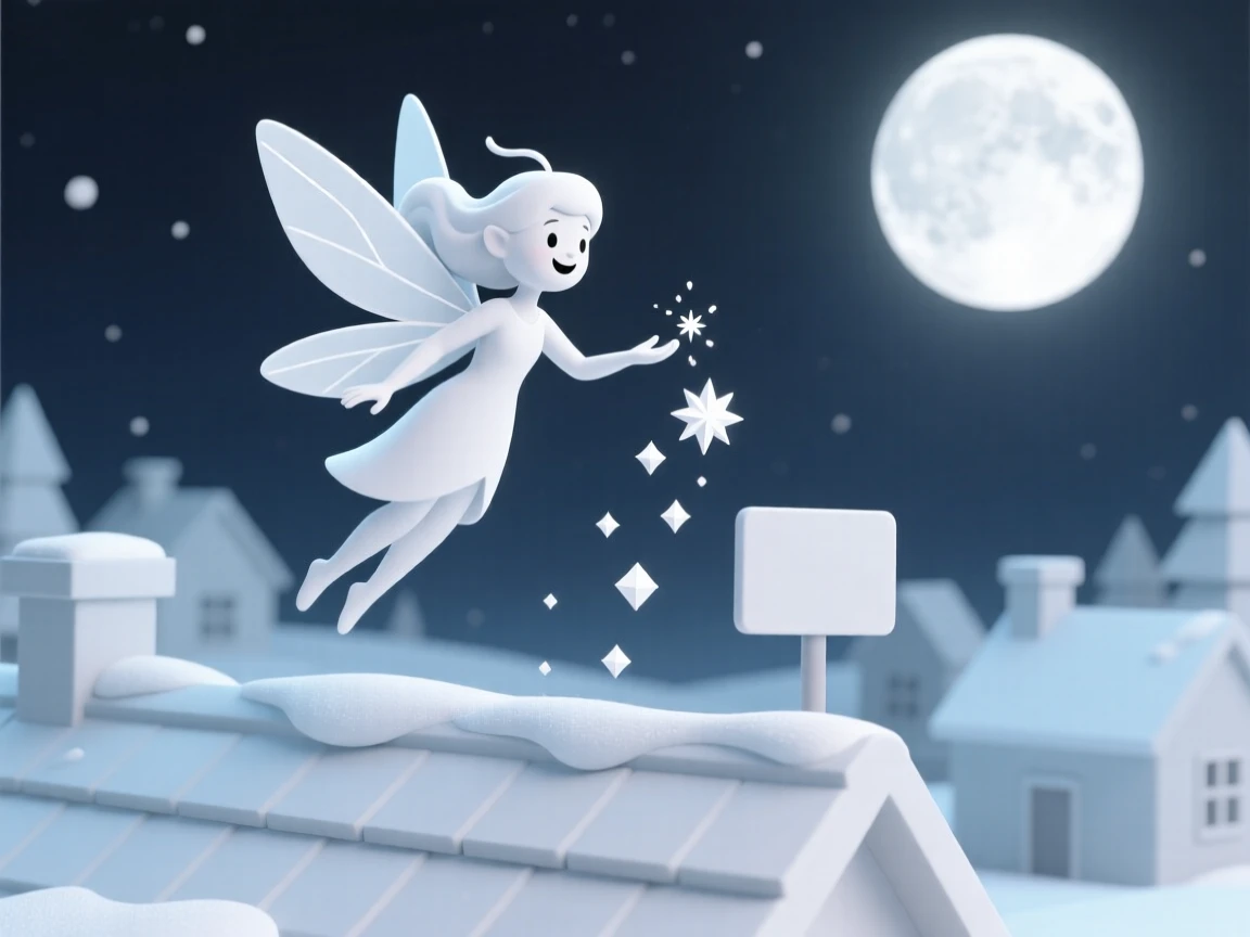 A cheerful snow fairy sprinkles glittering frost across a quiet village rooftop under a full winter moon.