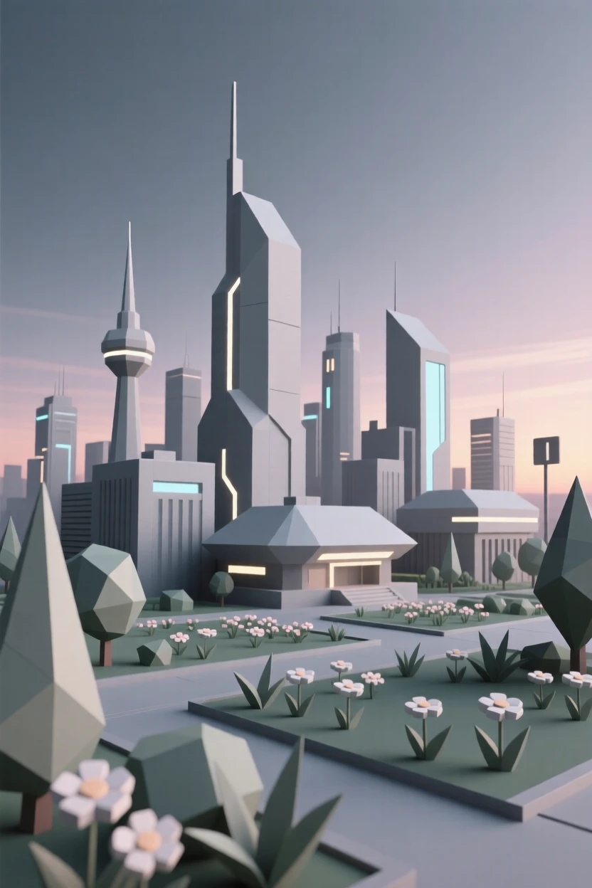 A futuristic skyline glowing at twilight, surrounded by blooming spring gardens. vibrant color accents contrast against neutral stone. The scene feels timeless and charming.