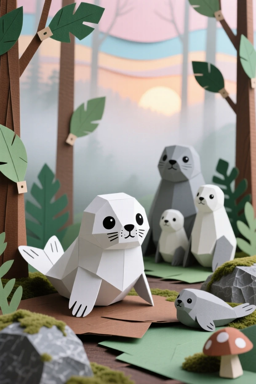 A playful seal pup exploring a misty forest at dawn, with its family close by watching, evoking innocent charm and gentle curiosity.