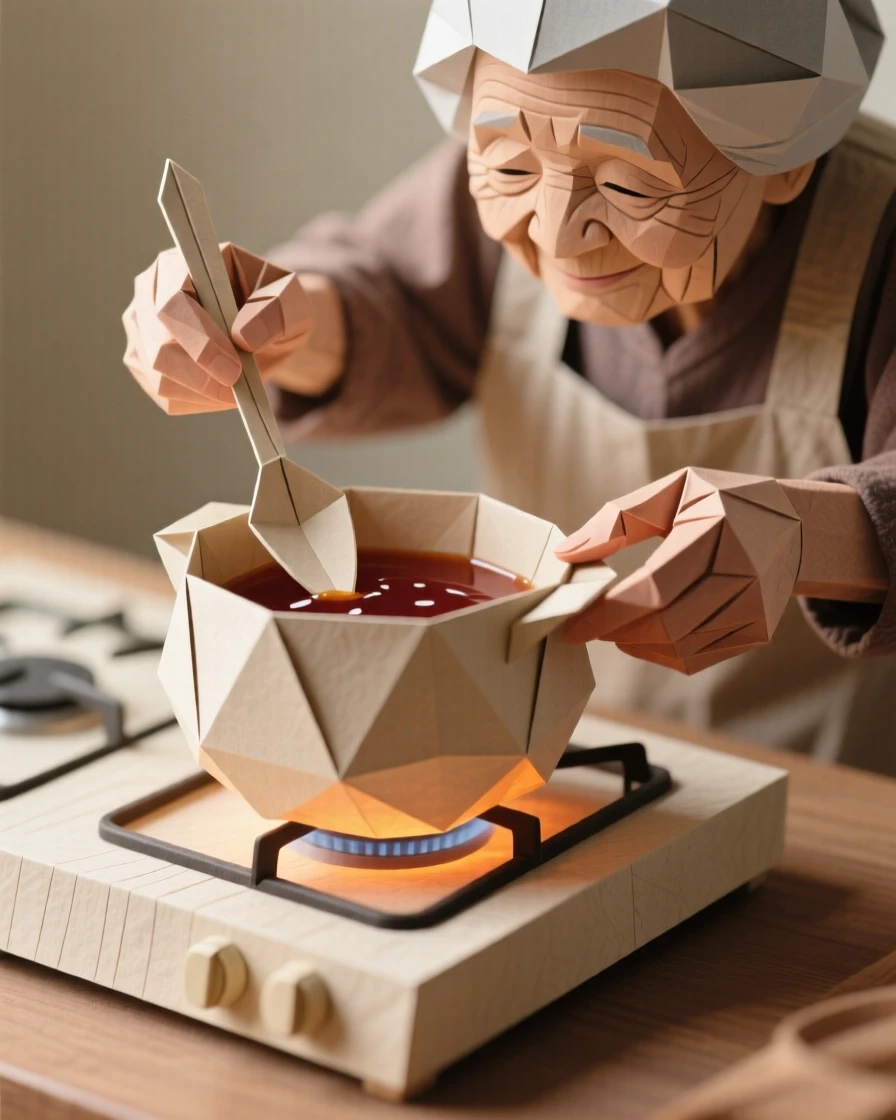A grandmother's hands stirring a pot of homemade jam on a warm stovetop.