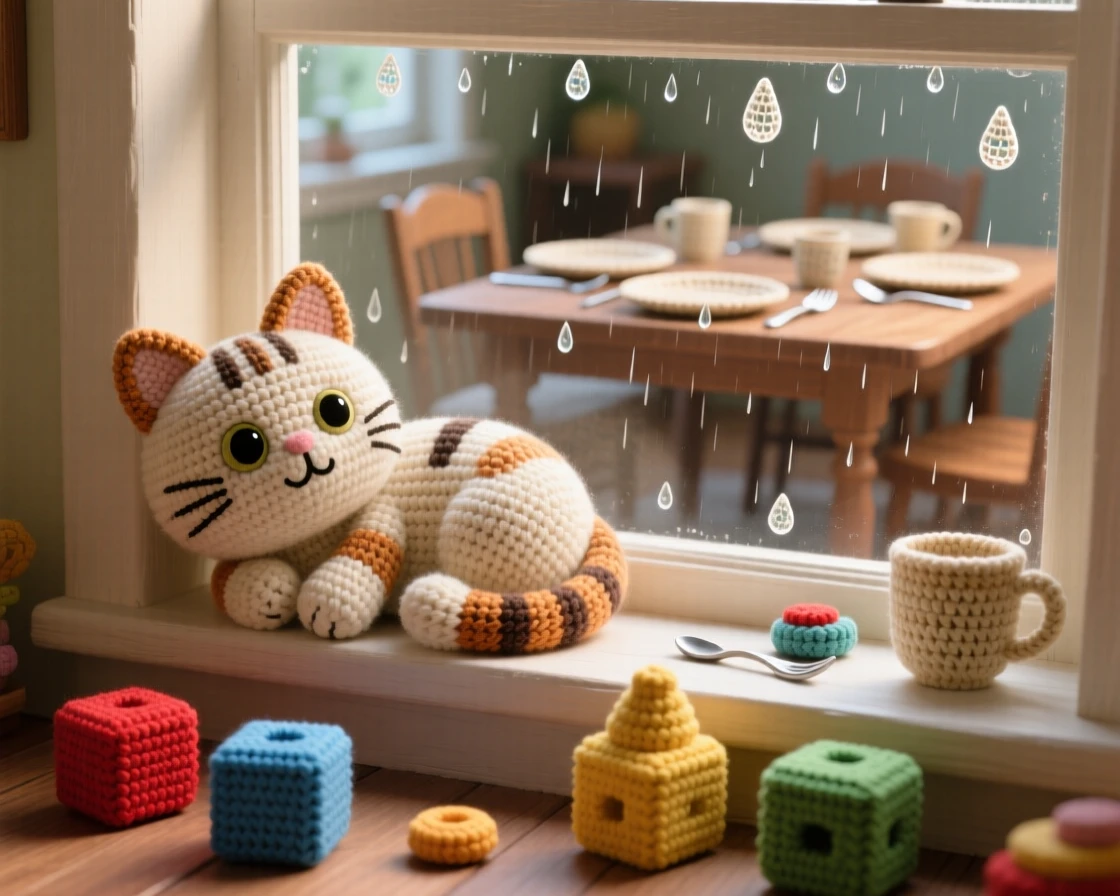 a content cat on a windowsill, watching raindrops trickle down glass, is shown curled comfortably in a patch of light within a homely dining room set for a family meal beside a scattering of colorful toy blocks, capturing a peaceful sense of home and belonging.