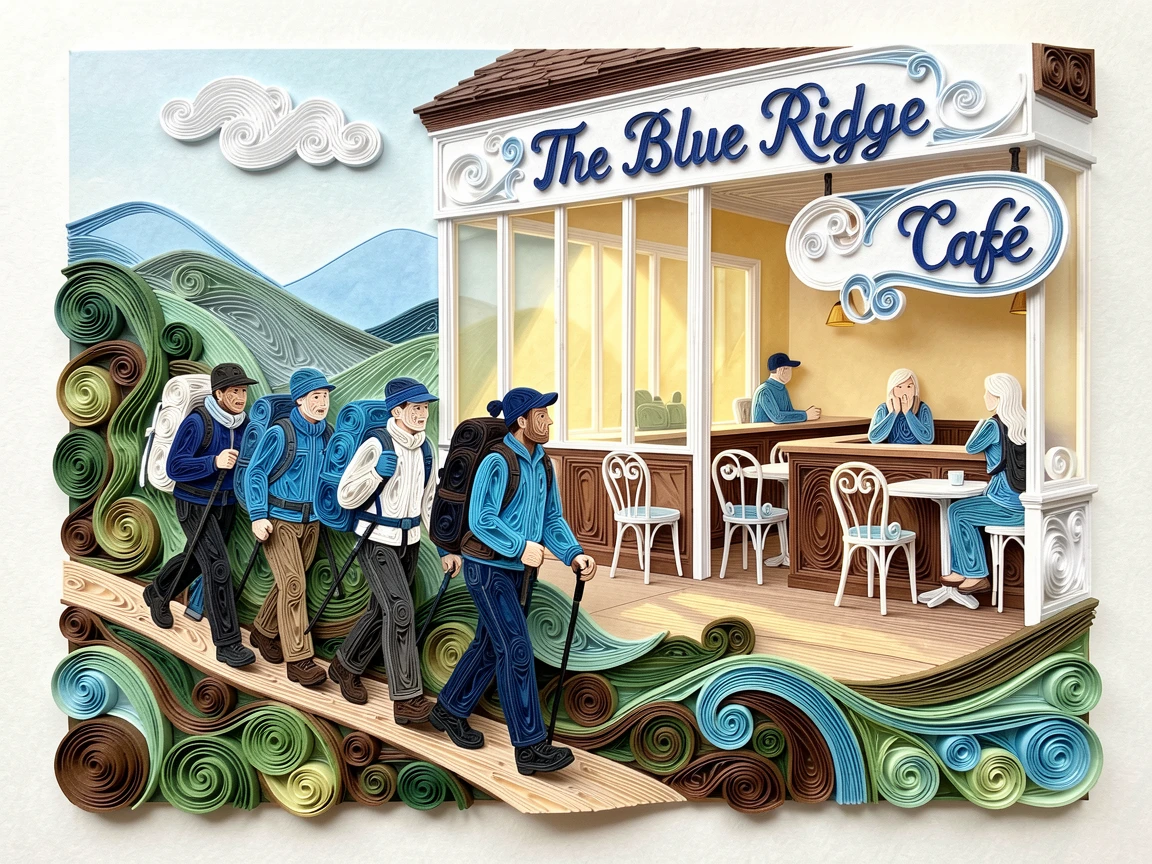 a group hiking along a scenic ridge trail, in a cozy neighborhood café, framed with warm natural light streaming in, in bright, clean tones of blue and white.