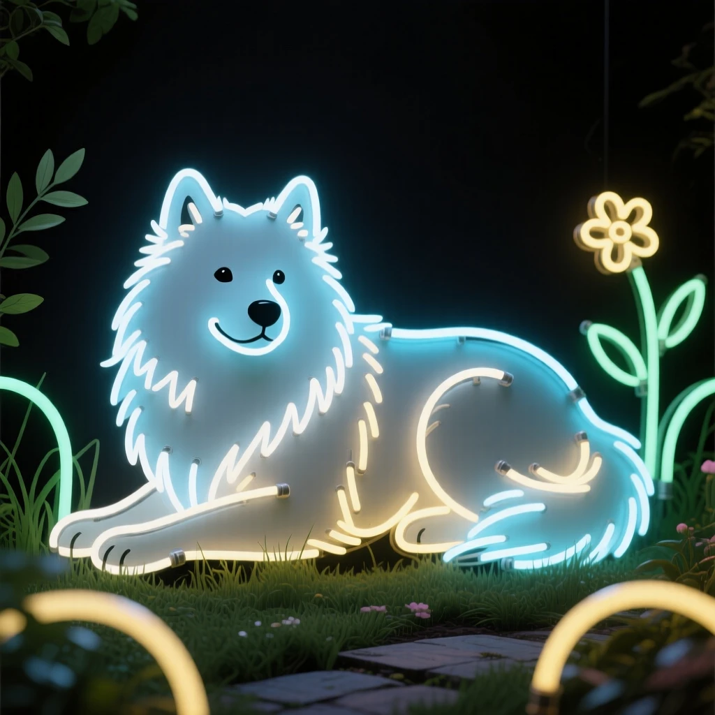 a fluffy Samoyed dog in a quiet backyard garden.