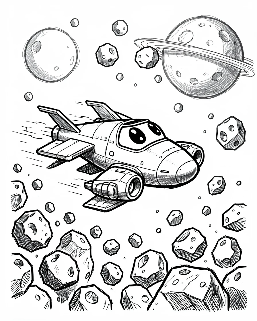 A spaceship gliding past a field of asteroids near a cluster of twin moons.