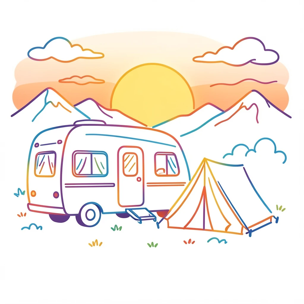A camper setting up a tent as the sun sets behind distant mountains.