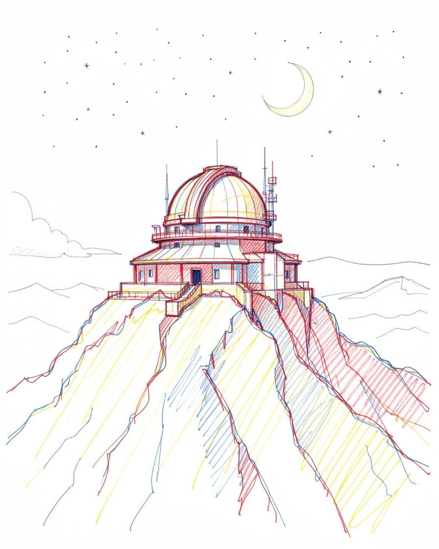 A grand mountain observatory glowing beneath a star-filled sky