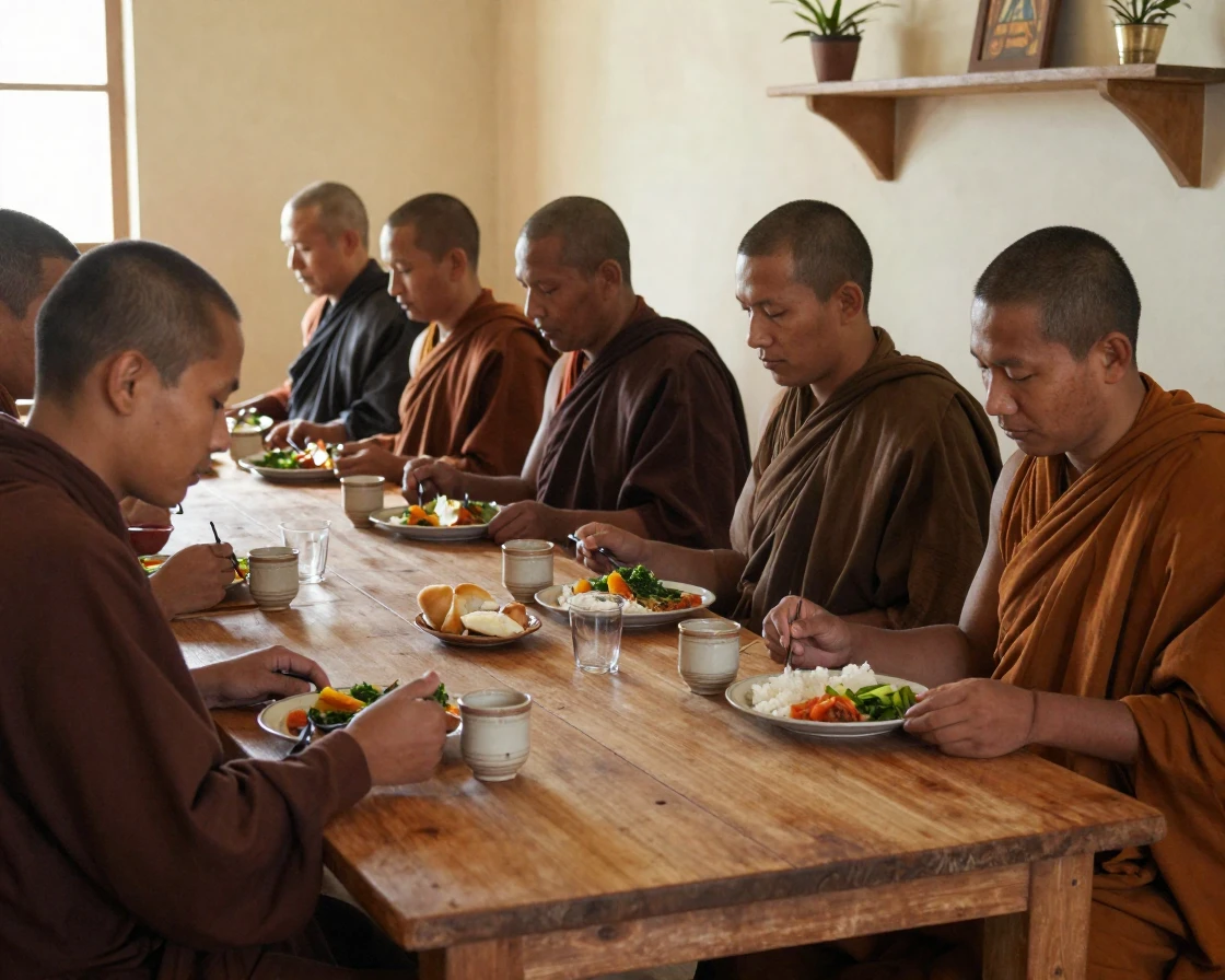 A group of monks shares a simple meal in silence at a long wooden table.