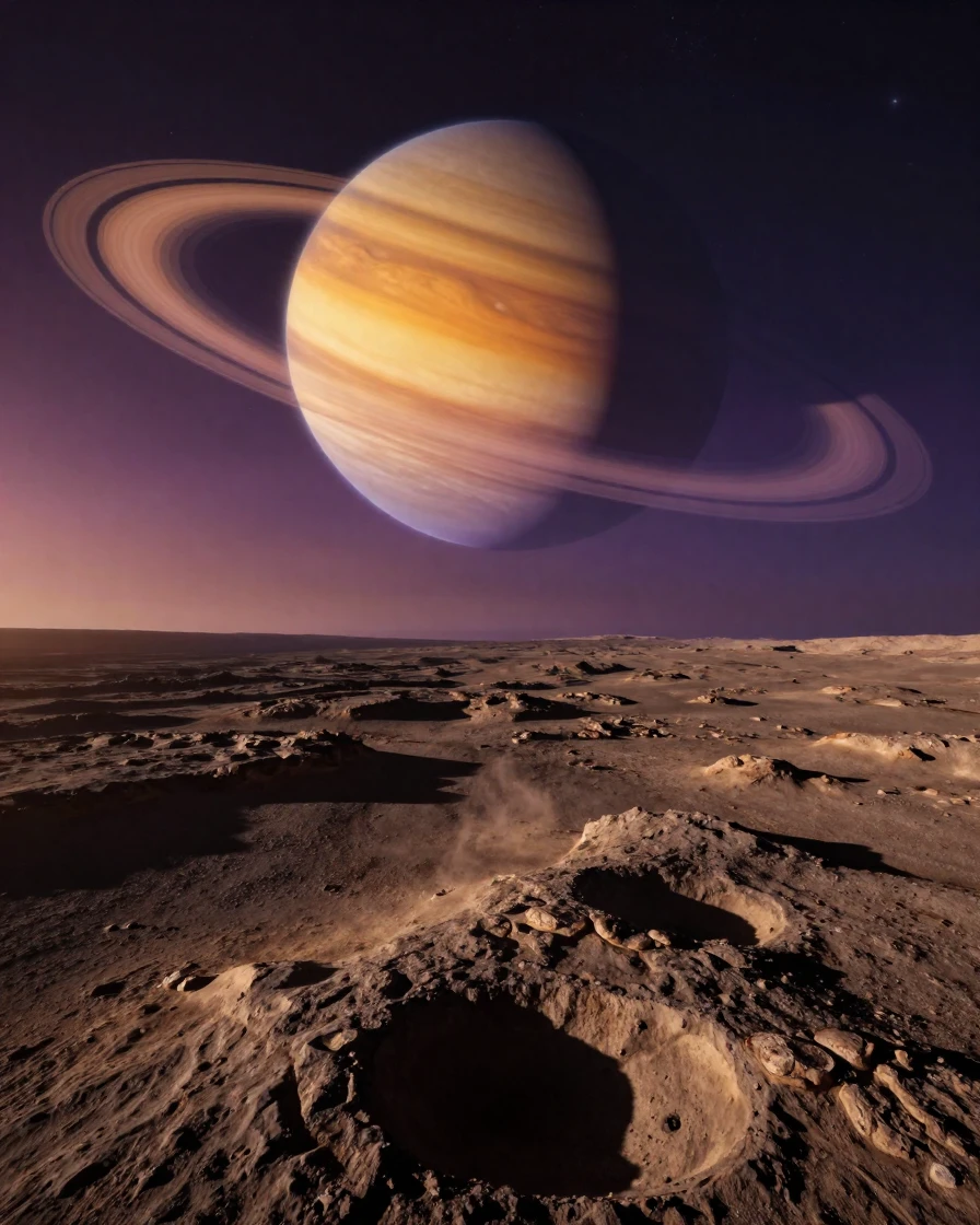 A saturn-like planet with glowing rings viewed from a nearby moon's surface