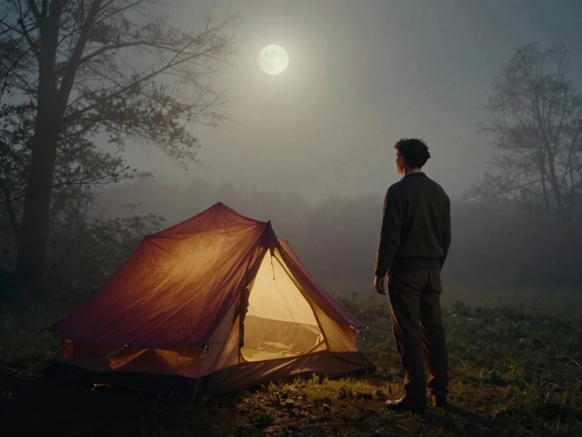 A starlit campsite glowing from within a canvas tent, under a full moon, in thick rolling fog, in early spring, with rich burgundy and gold accents, over the shoulder of the main subject.