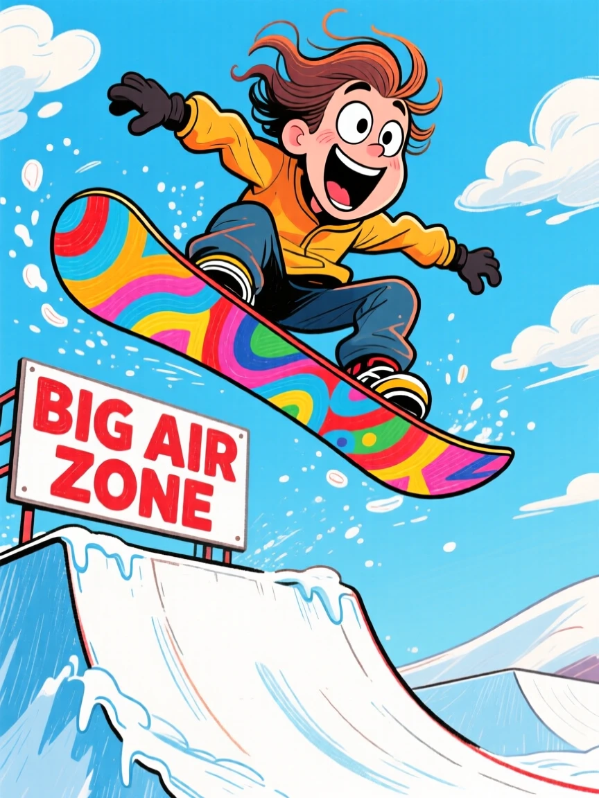 A snowboarder catching big air off a ramp, board grabbed mid-flip.