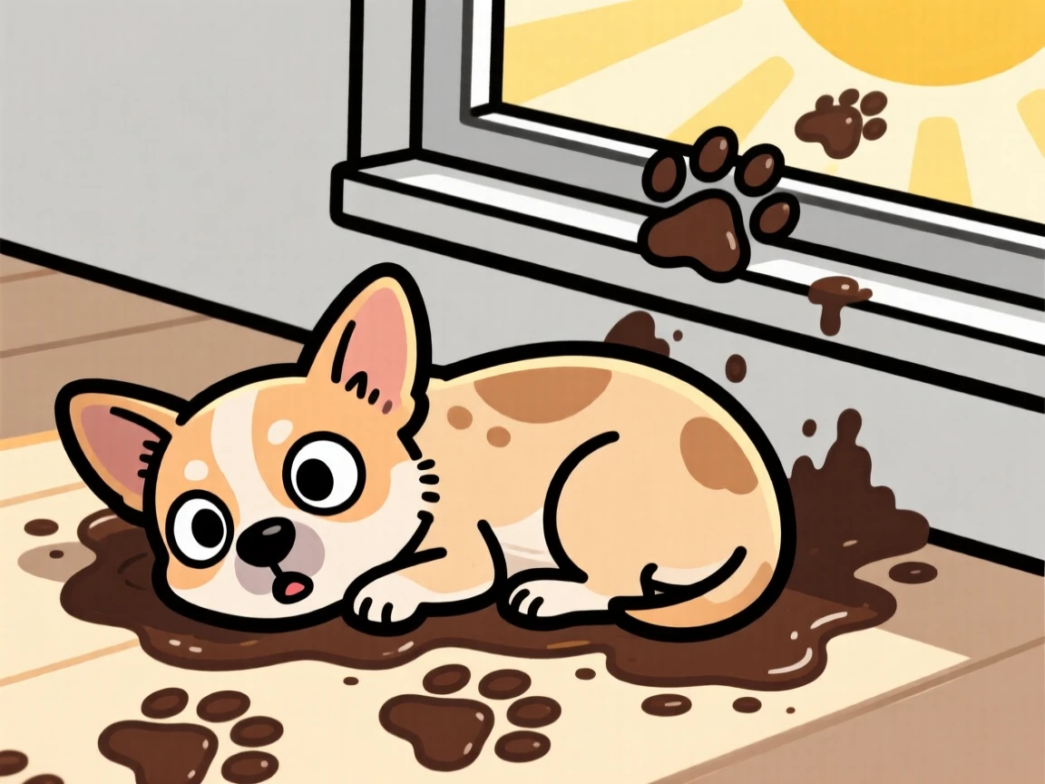 A playful pet moment featuring a wide-eyed chihuahua curling up for a nap in a sunbeam, with muddy paw prints trailing behind.