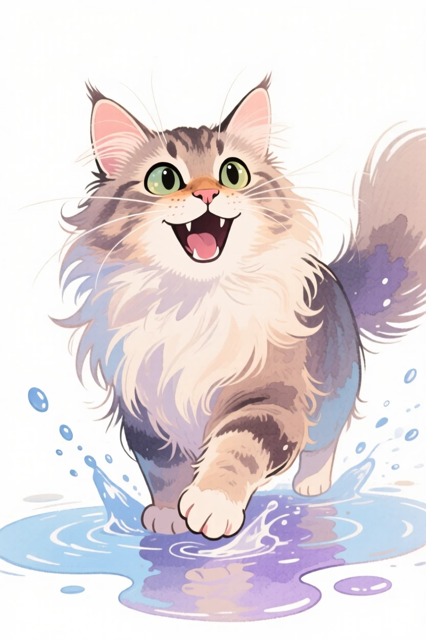 A maine coon cat splashing happily in a puddle