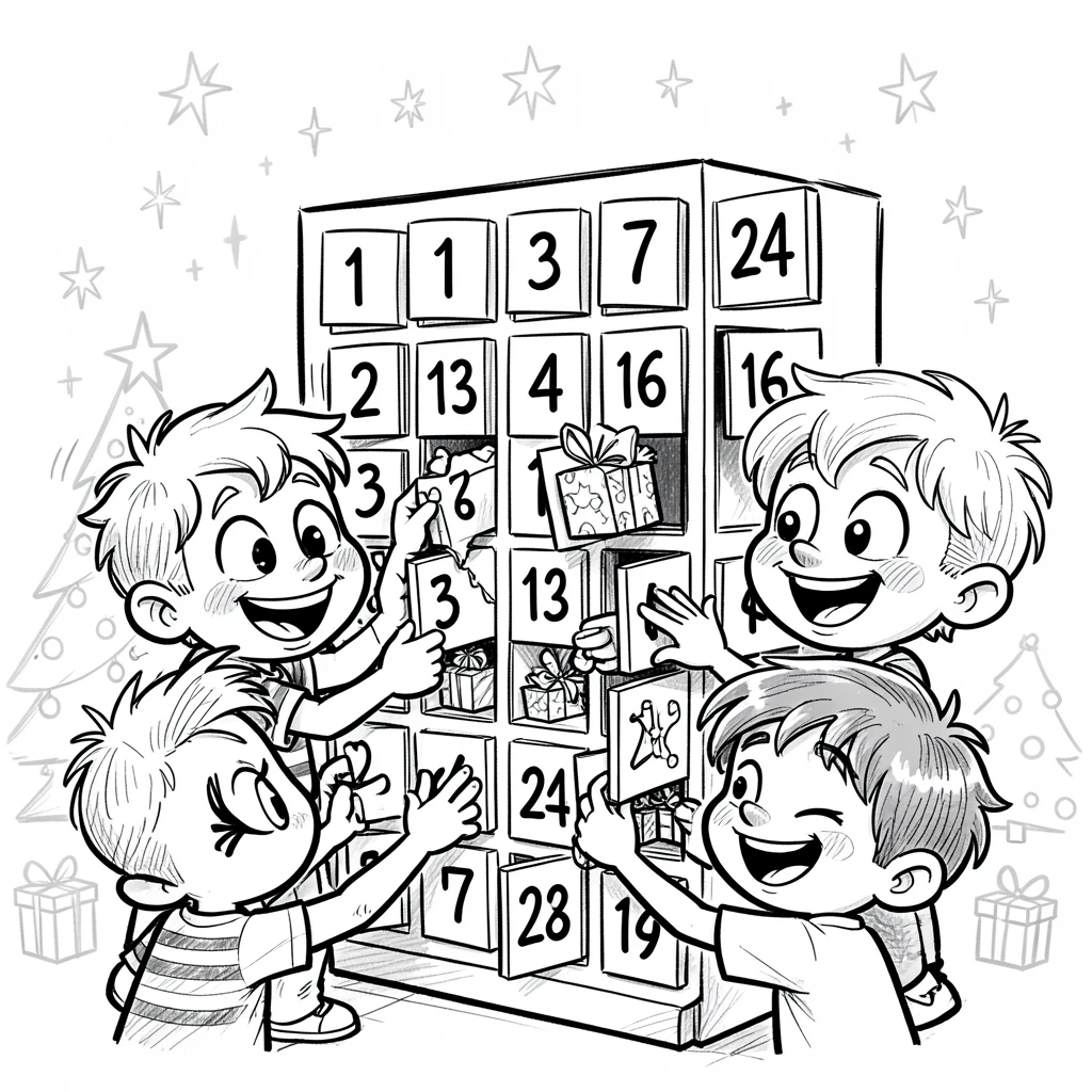 [Seasonal Holidays & Celebrations] Festive scene of children opening advent calendar doors with excited anticipation, full of celebration and joy