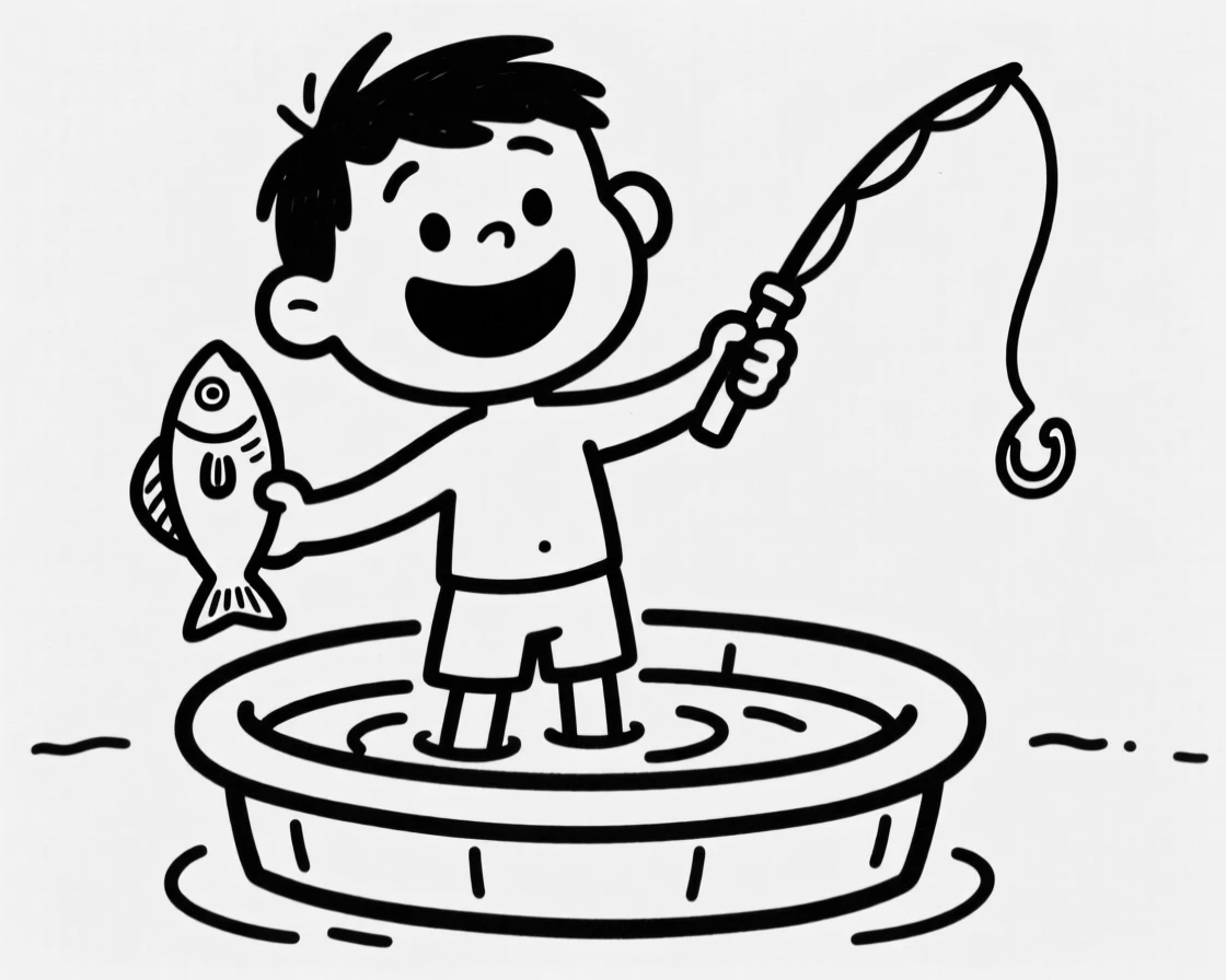 A little boy proudly holding up a fish he 'caught' with a toy fishing pole in a kiddie pool.