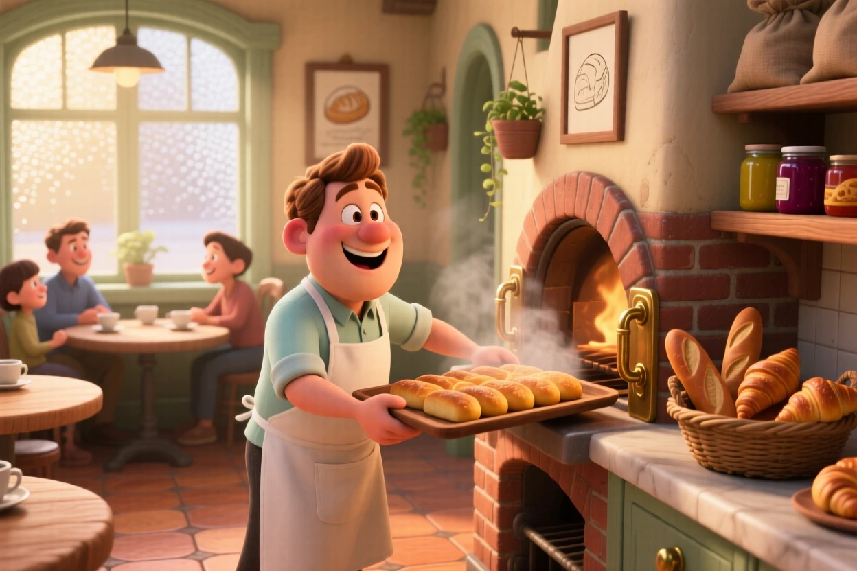 A baker pulling a fresh tray of bread from the oven is captured in a cozy corner bakery early in the morning, with soft chatter drifting from nearby tables. A quiet, wholesome charm lingers over the moment.