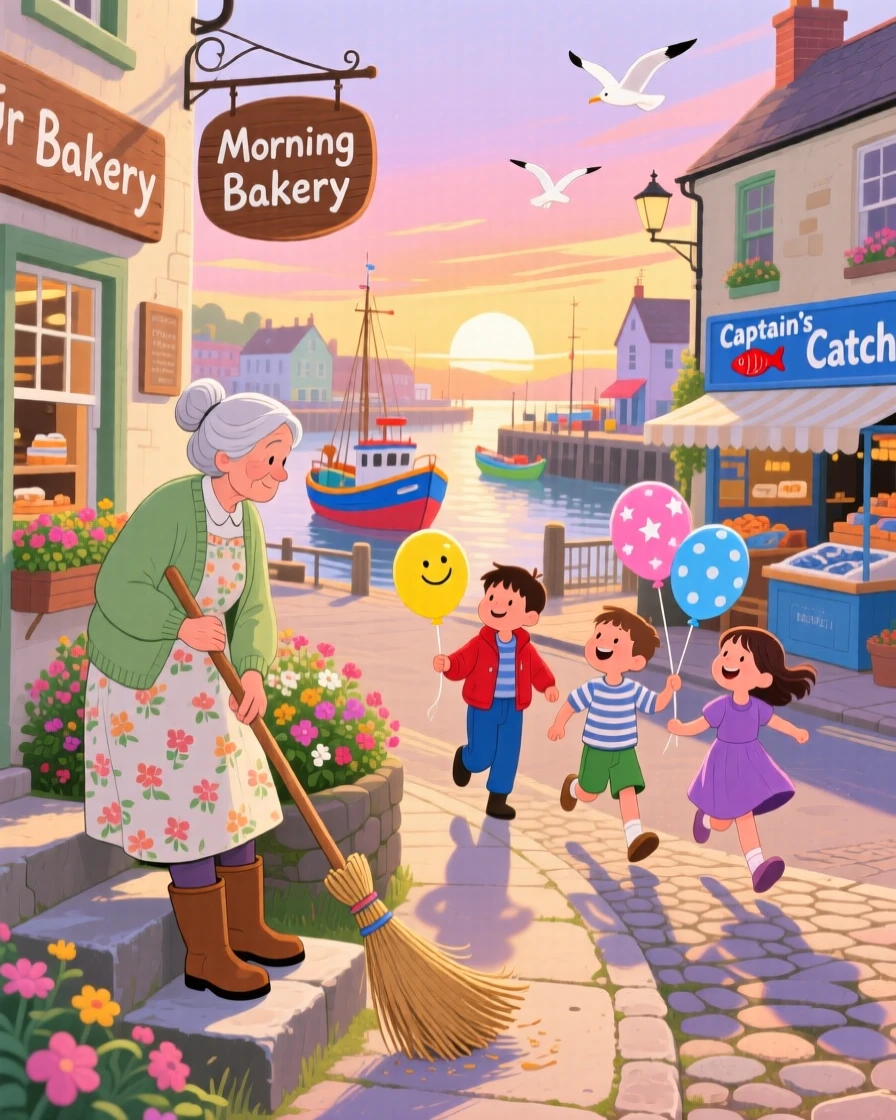 An elderly gardener pauses while sweeping the front steps at sunrise in a bustling harbor town, while children skip past with balloons.