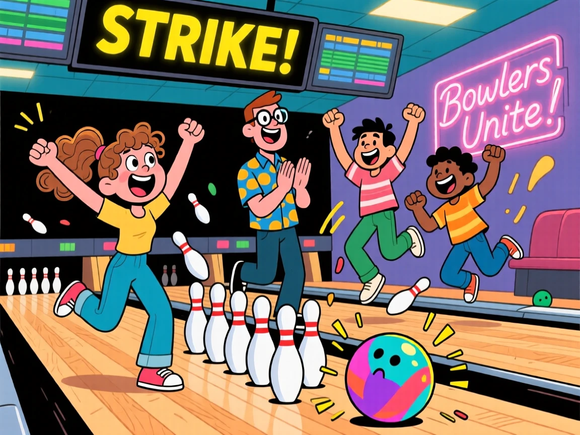 A group of friends bowling together, cheering a strike.